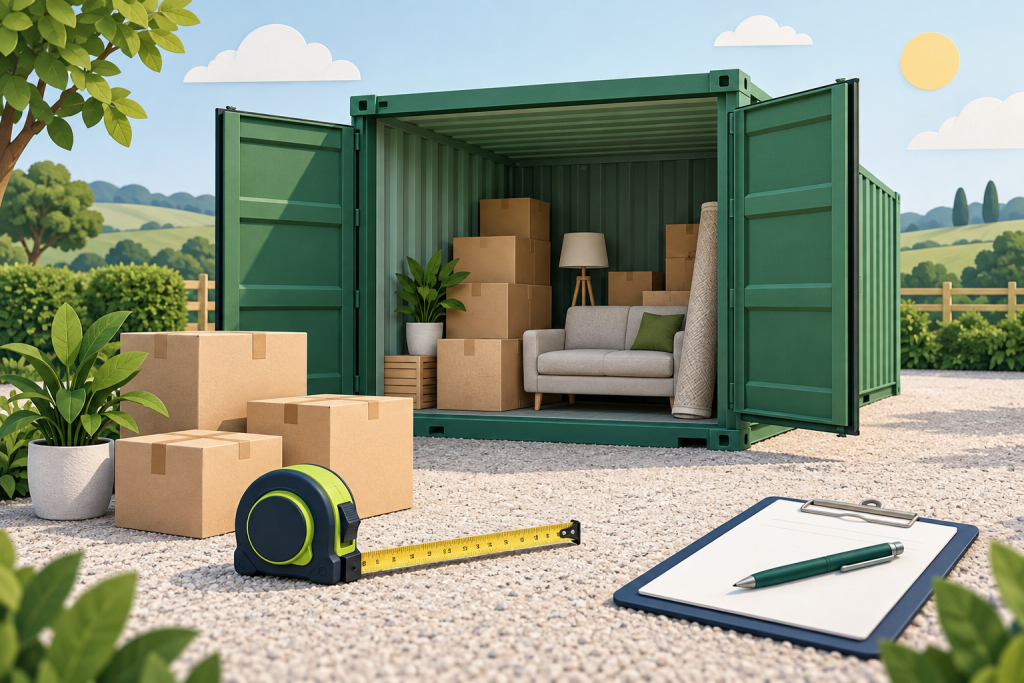 Illustration of boxes, furniture and measuring tools beside an outdoor storage container