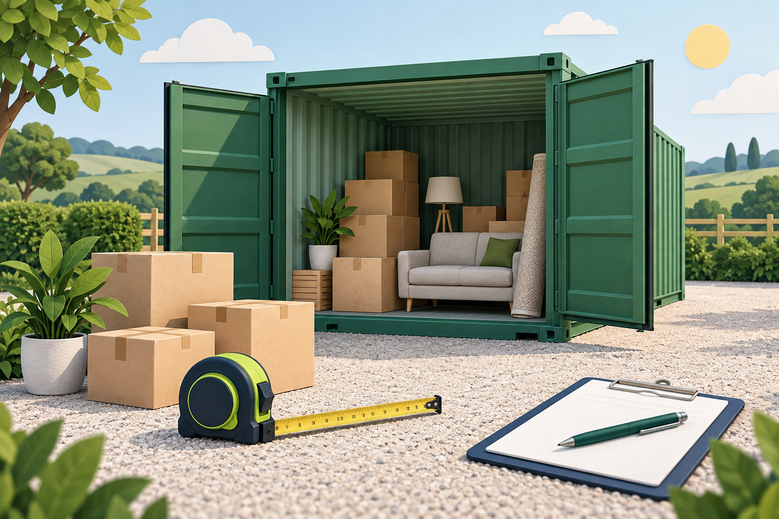 Illustration of boxes, furniture and measuring tools beside an outdoor storage container
