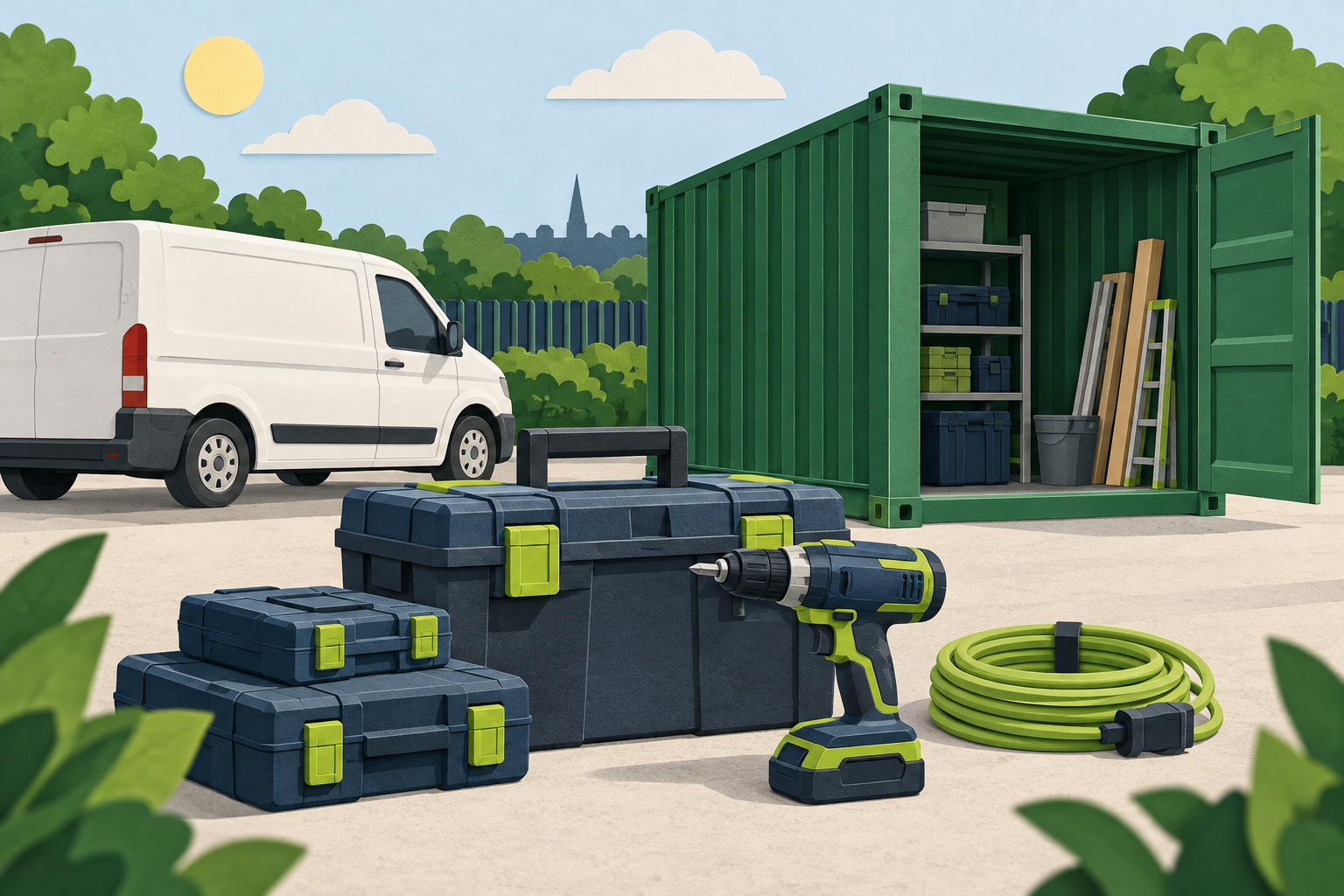 Illustration of trade tools, equipment and a van beside an outdoor storage container