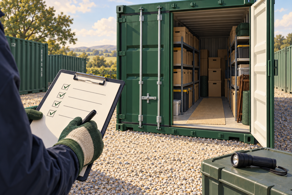 Illustration of a checklist and an open outdoor storage container