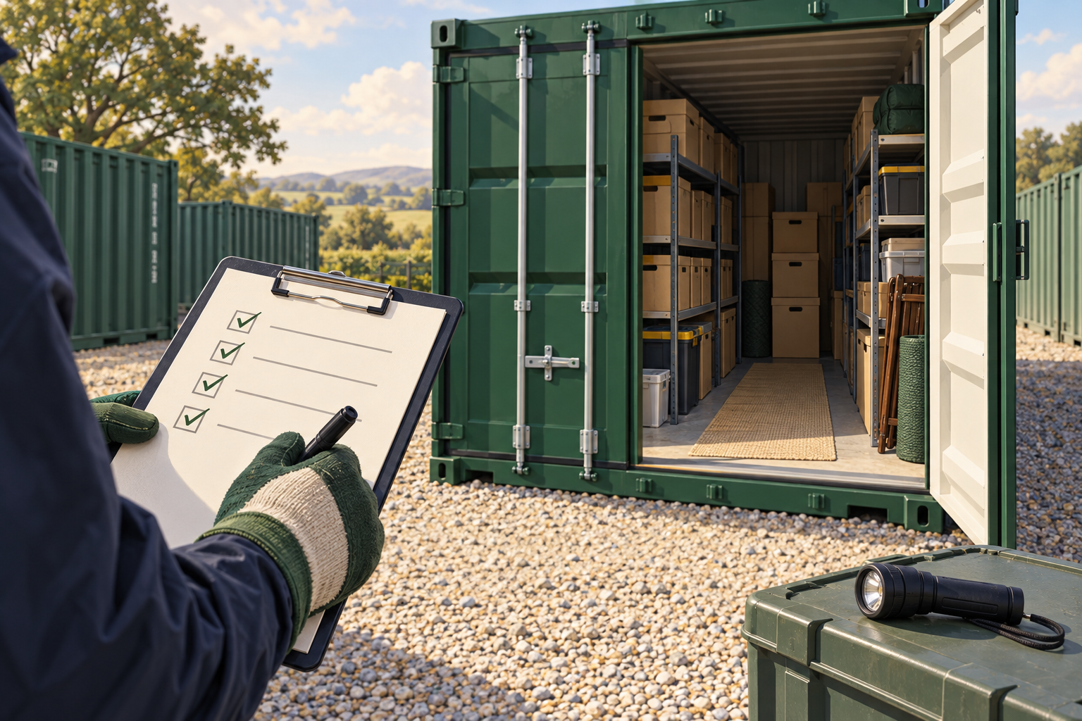 Illustration of a monthly storage checklist beside an outdoor container