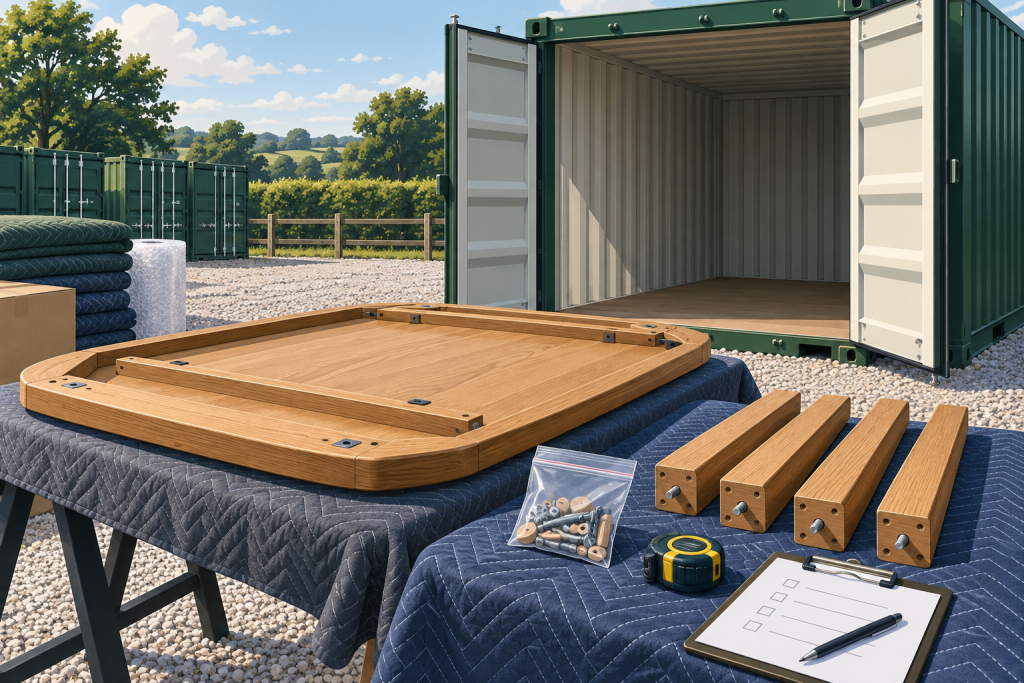Illustration of dismantled furniture and labelled fixings beside an outdoor storage container