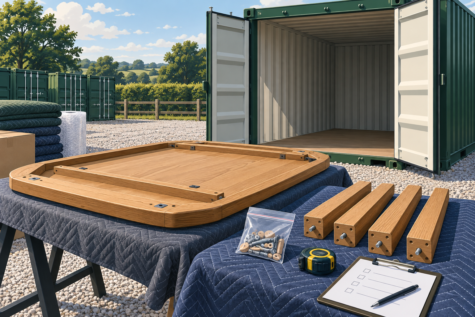 Illustration of dismantled furniture and labelled fixings beside an outdoor storage container