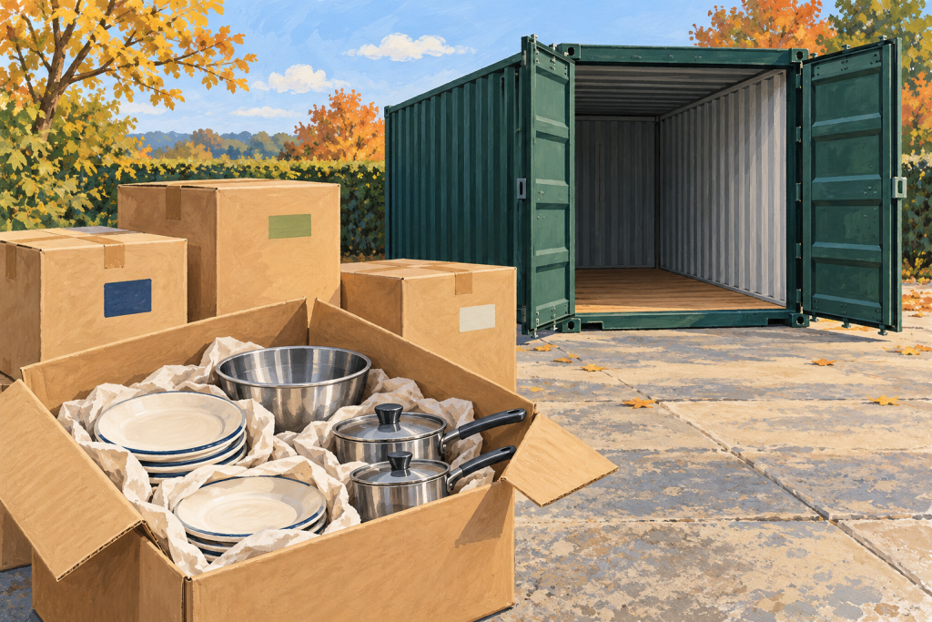 Illustration of packed kitchenware beside a green outdoor storage container.