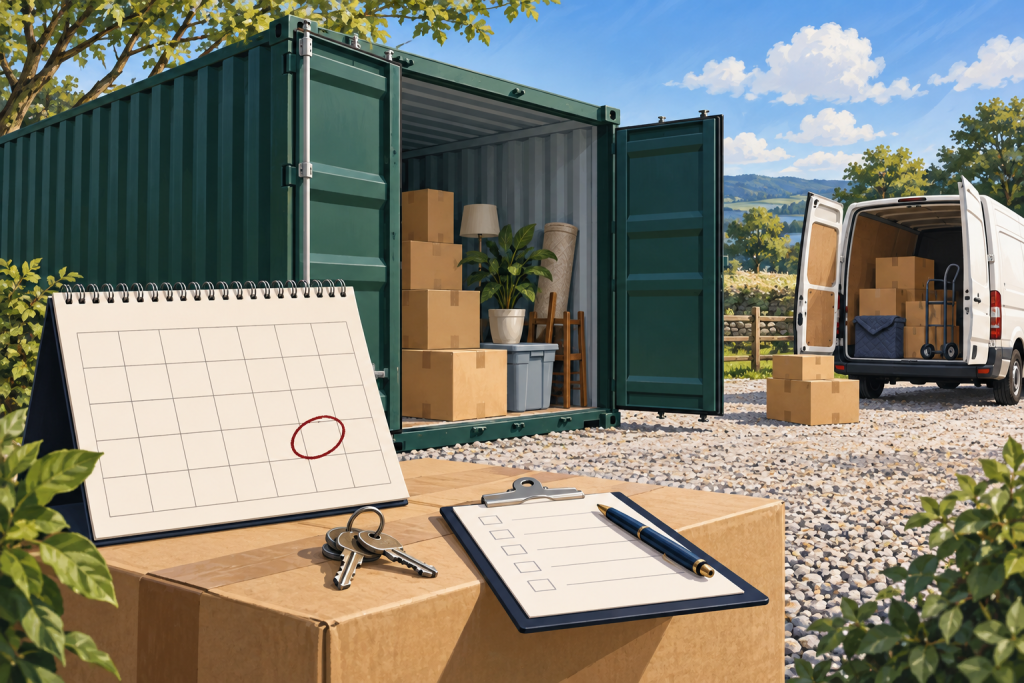 Illustration of a calendar and moving van beside an outdoor storage container